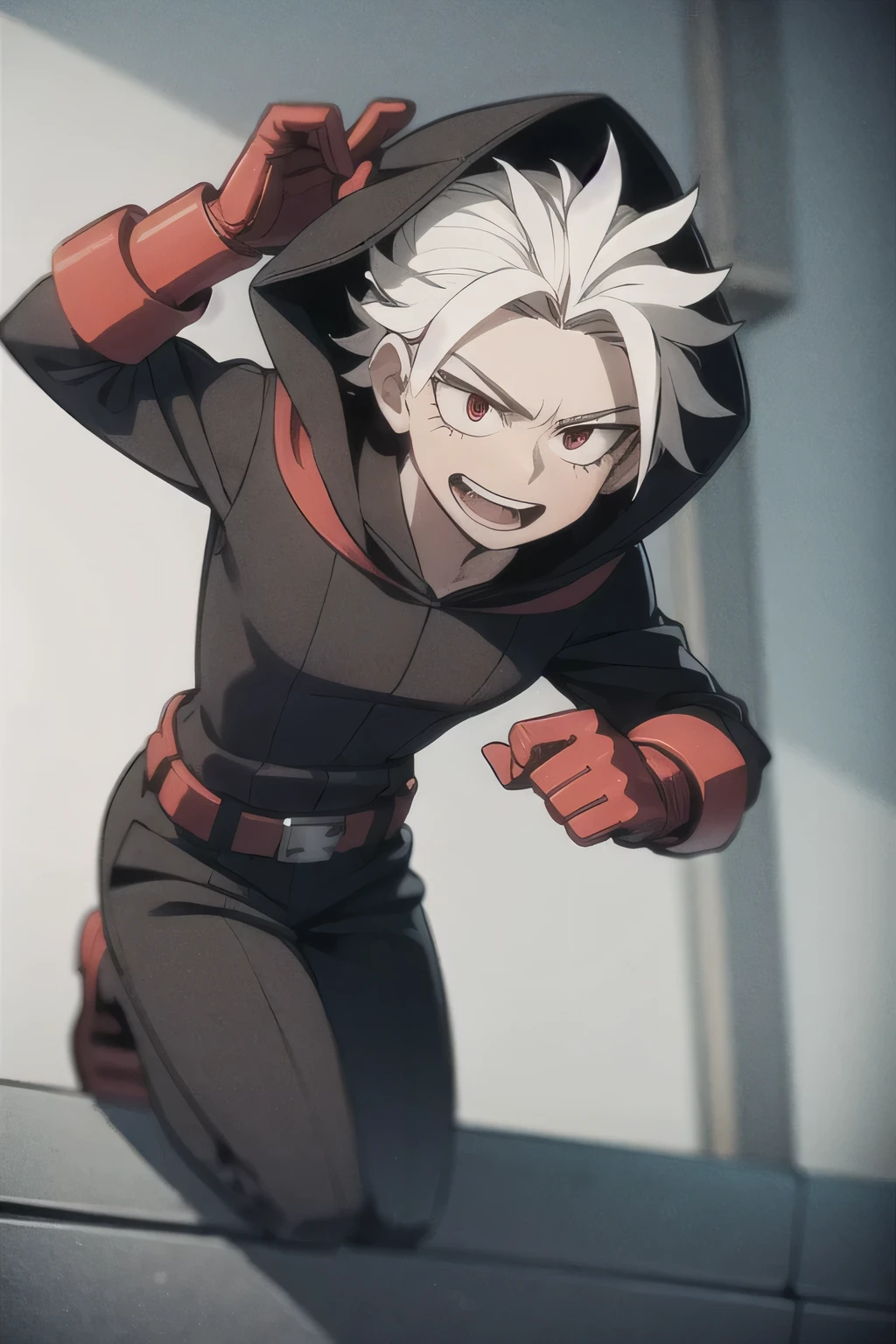 Boy with white hair, 18 years old, red eyes and a little strong, wearing a My Hero Academia outfit with a full body hood