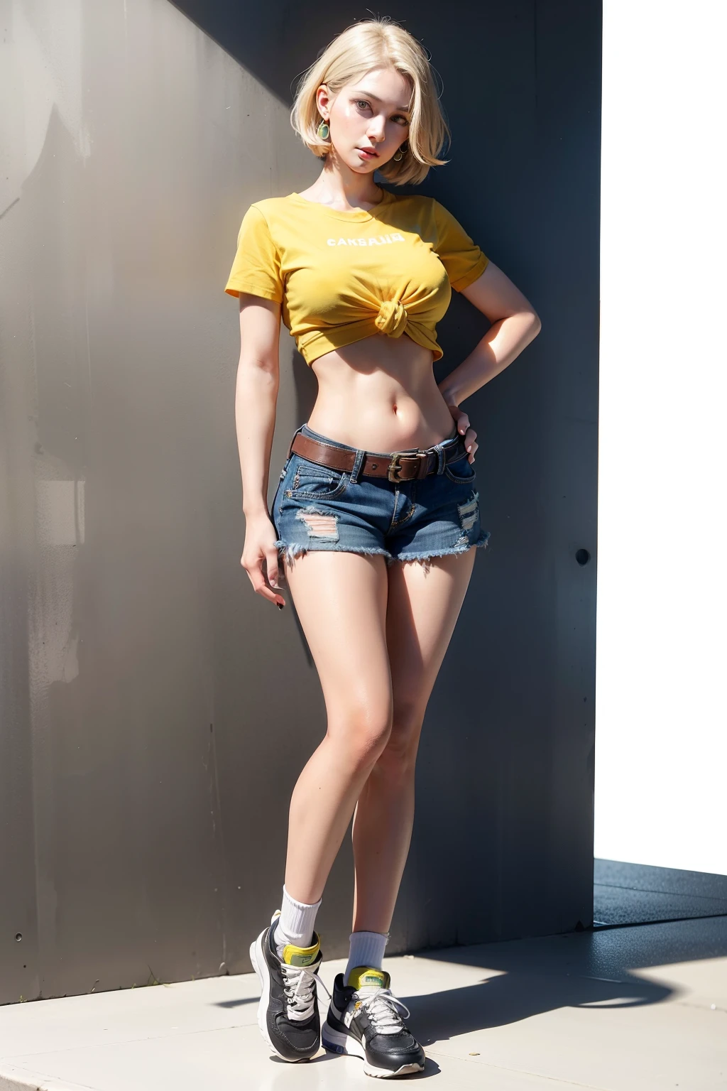 tall, hands on crotch, long legs,a full-body shot, look up at the viewer, white background, earrings, masterpiece, best quality, 1girl, short blonde hair, standing, yellow tied shirt, midriff, thigh holster, navel, belt, micro denim blue shorts, fingerless gloves, large breasts, beauty face, sneakers