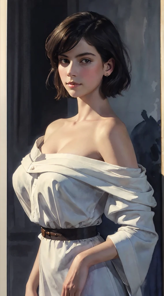 (Sargent style watercolor)、(highest quality、masterpiece)、(realistic:1.5), RAW photo, 1 girl, off shoulder, in the dark, deep shadow, discreet key, cold light, sexy look, short hair