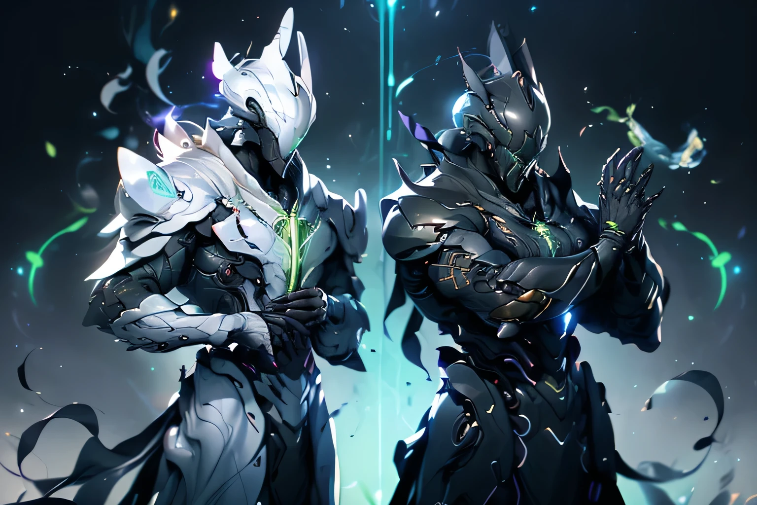 Beautifully detailed images，Depicts a double-headed magical sword, Radiate magical energy. Shiny and sharp blade,Fluorescent green light, Bends and twists when reaching from one hand to the other, Create a mesmerizing, Light grey flames rotating ethereal trajectory. The surrounding rooms are bathed in grey light, Dark gray light, Casts a faint glow on an object. Macro lens, Prime Time, Soft lighting