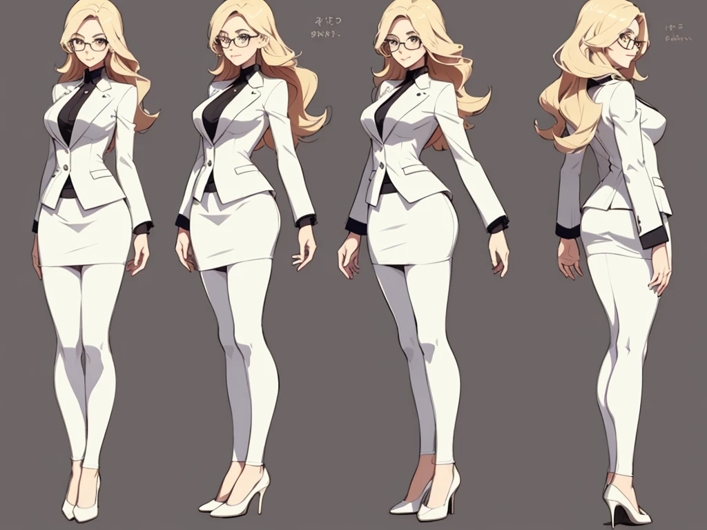 ((masterpiece)),(((best quality))),(character design sheet, same character, front, side, back), beautiful woman, glasses, long blonde hair, futuristic chic businness woman, white futuristic blazer, pencil skirt, stockings, garter, high heels,