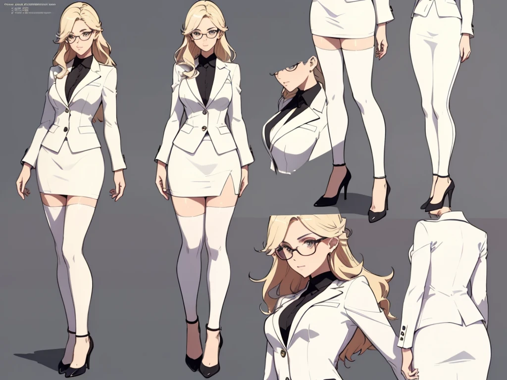 ((masterpiece)),(((best quality))),(character design sheet, same character, front, side, back), beautiful woman, glasses, long blonde hair, futuristic chic businness woman, white futuristic blazer, pencil skirt, stockings, garter, high heels,