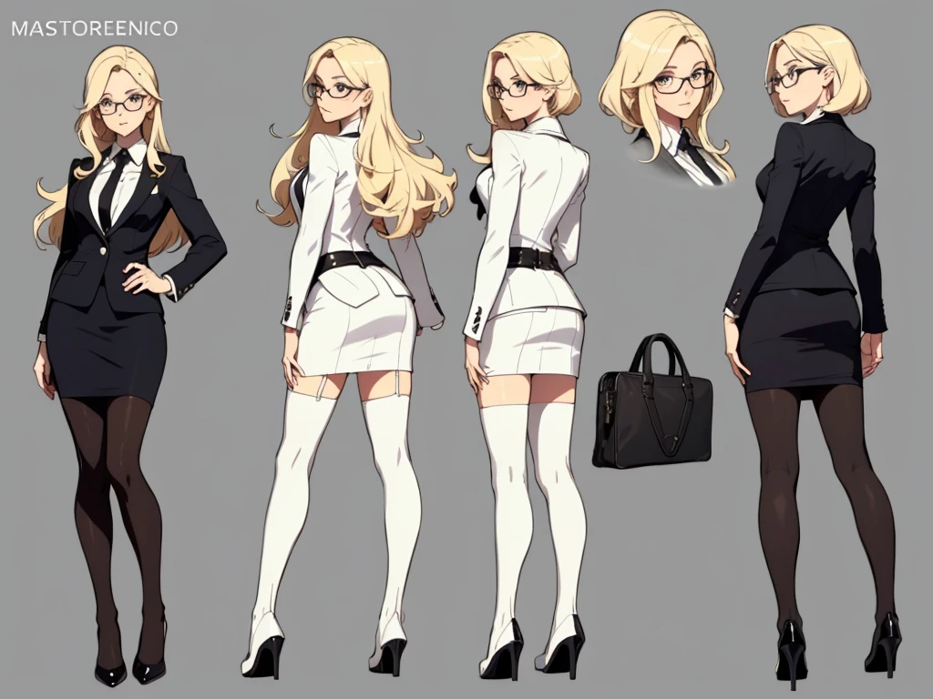 ((masterpiece)),(((best quality))),(character design sheet, same character, front, side, back), beautiful woman, glasses, long blonde hair, futuristic chic businness woman, white futuristic blazer, pencil skirt, stockings, garter, high heels,