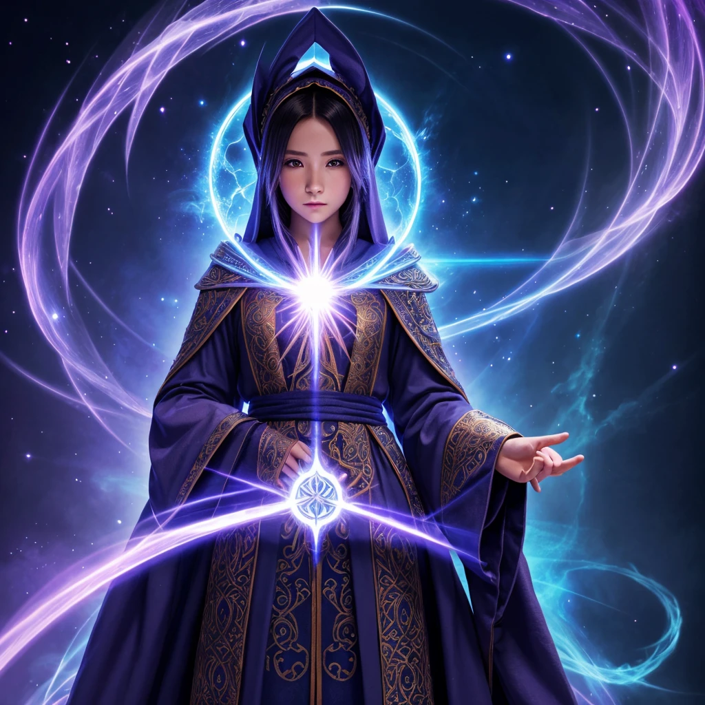 a wizard in a , detailed face, beautiful intricate robes, magical energy, mystical atmosphere, 1 figure, anime style, mage school, blank background, (best quality, 8k, highres, masterpiece)