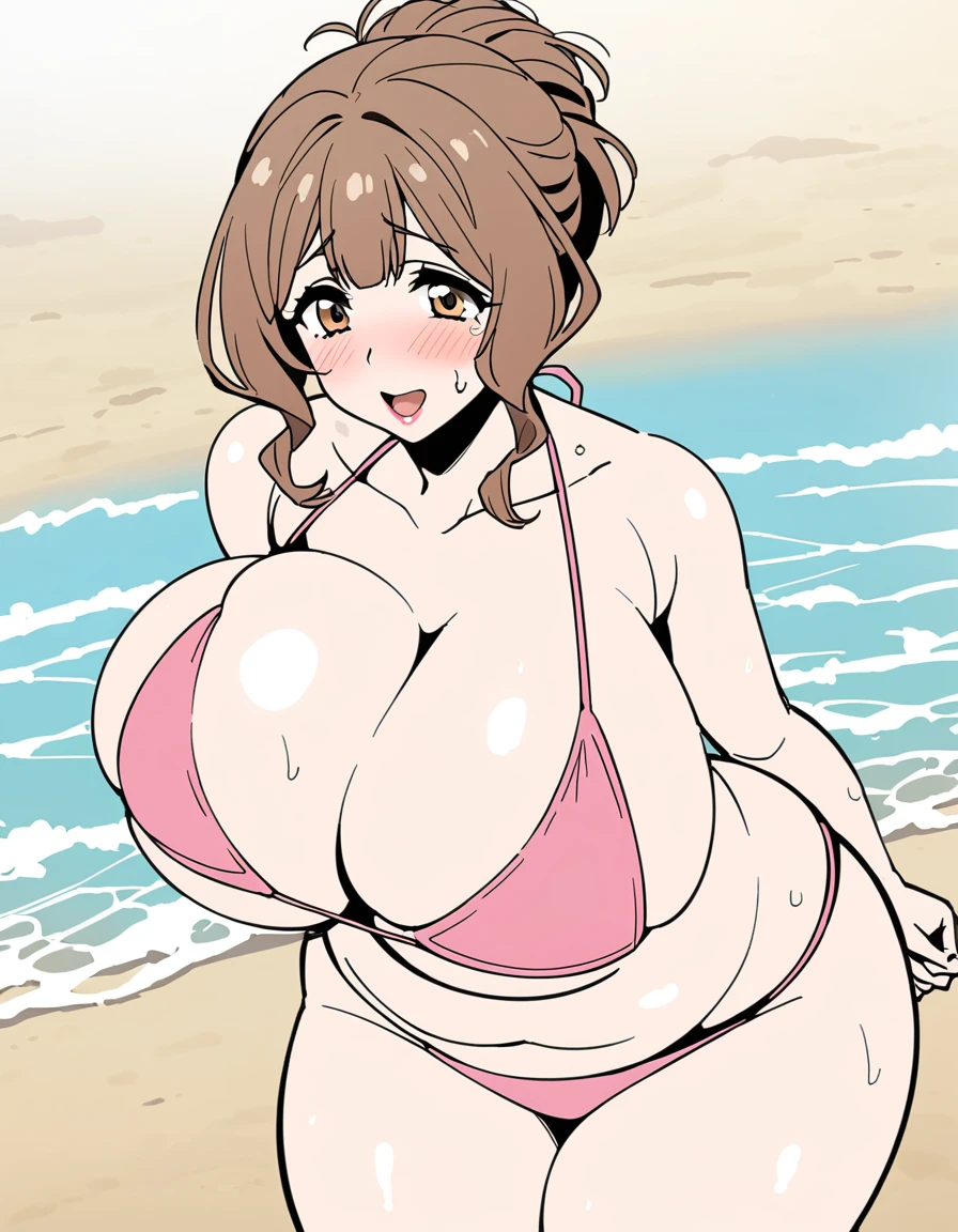 (Thick line drawing,Darker color scheme:1.5),1girl,Kazami Torino,huge breasts,(wide hip,thick thighs,plump,mature female,brown hair,updo,lipstick,tareme),(pink :1.5),bursting :1.2),(nervous,beach,blush,sweat,wet:1.3),(cowboy shot:1.2)