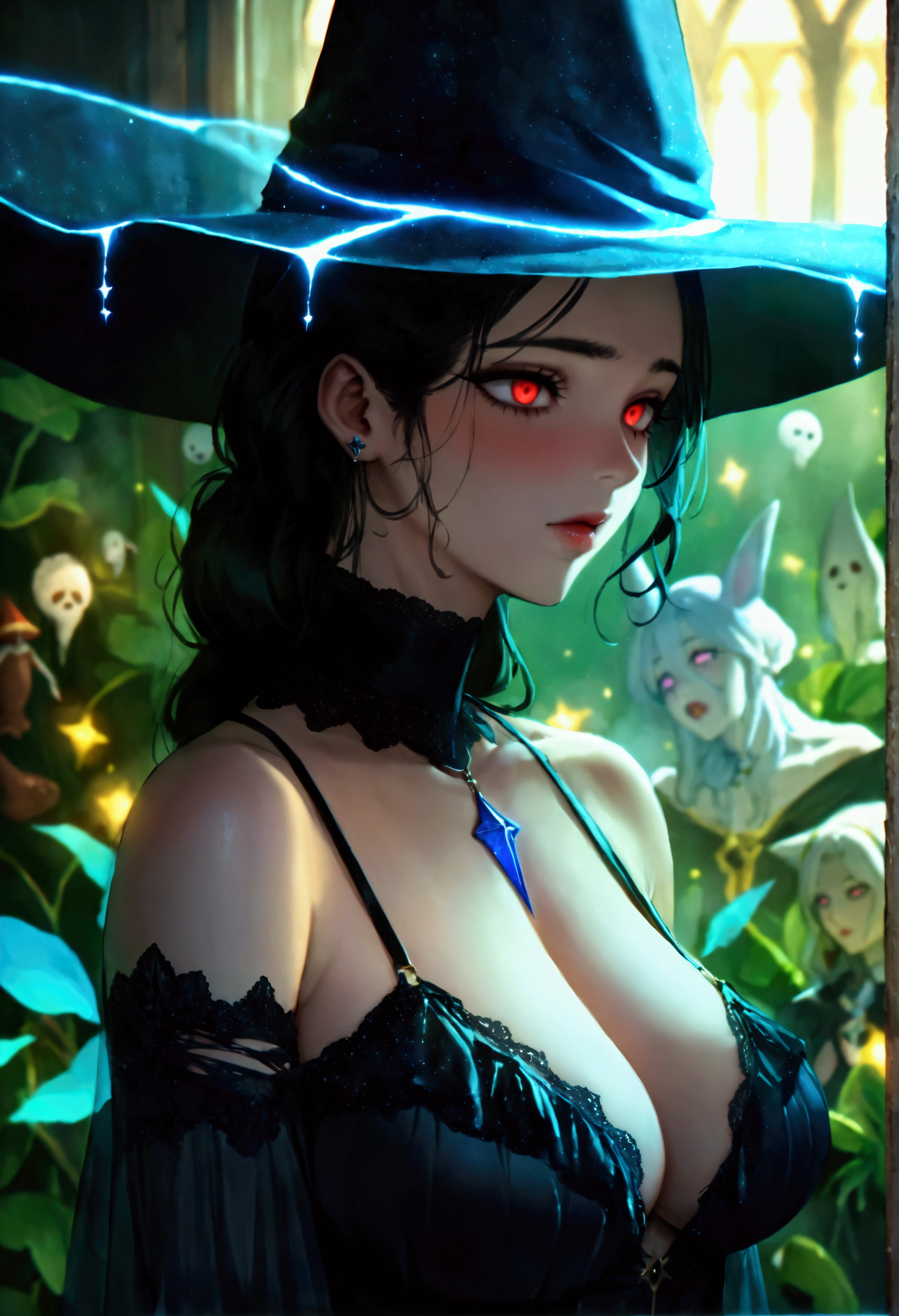 【A very lucky sexy goddess,Holding a clear bottle in one hand with green venom,Holding a round magnifying glass in one hand,Place near the eyes】【Red gate in background,The night is dark and windy,Werewolf haunt style,Red Moon】