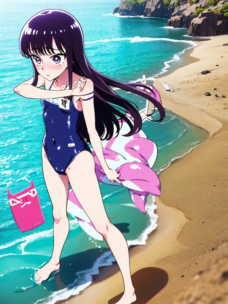 Random patterned swimsuit、Swimsuit,,Blushing、Pale brown eyes、Dark purple hair、Semi-long hair、Head to toe full body、Blushing、Embarrassed look、Composition from the front、A view from slightly below、school swimwear、Acme Face、Random pose、, 、nsfw、Highest quality、1 girl、solo、Ocean、Sandy Beach、Sexy pose、Random pose、Blushing、wet、Embarrassed、I can see half of my 、、One piece swimsuit、(Strap slip:1.3)、Swimsuit
