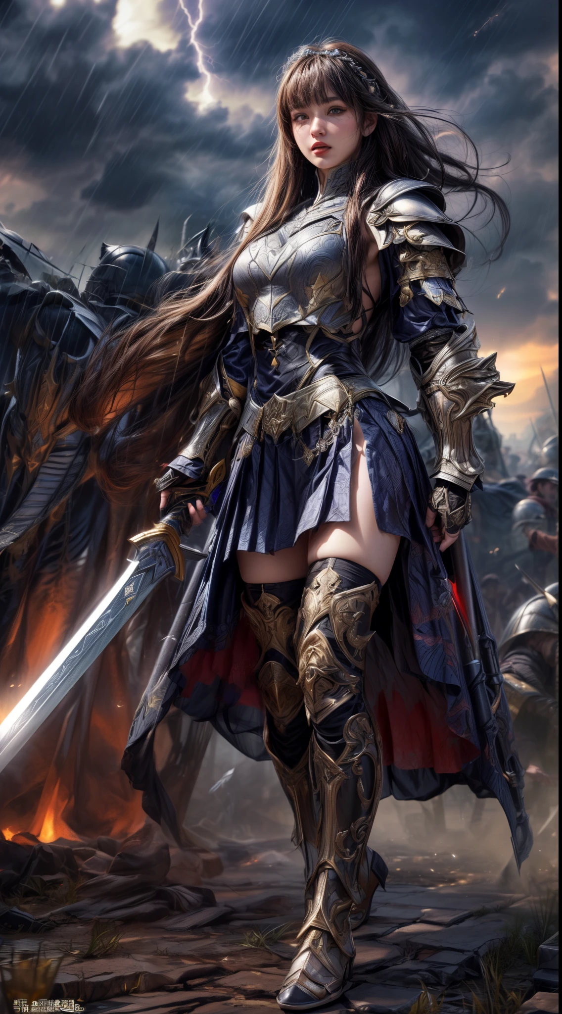 Cowboy Shot、Very beautiful woman、Slender women、(Detailed face)、Realistic Skin、((evil knight)), (Black Armor)、((((非常に細かく複雑な装飾が施されたBlack Armor))))、((Delicate photo)),(Girl Astepeace RAW Photo Details:1.25), (Highest quality:1.6), (Ultra-high resolution:1.5), (Realistic:1.75), 8K resolution, Canon EOS R5, 50mm, Absurd, Super detailed,Cinema Lighting,Battlefields of Medieval Europe、((Fight))、RPG World、Final Fantasy、(((Decorative skirt)))、Thigh-high socks、Shingard、night、((Long hair with bangs,))、Get a six pack、Torn Cloak、Beautiful Armor、(((Giant Sword)))、In combat、The wind is blowing、((Asymmetric Armor:1.5))、(((thunderstorm)))、((Knight Commander))、(((Leading a large group of black knights)))、banner、Wolf Pattern:1.5、(((Battle Scenes)))、