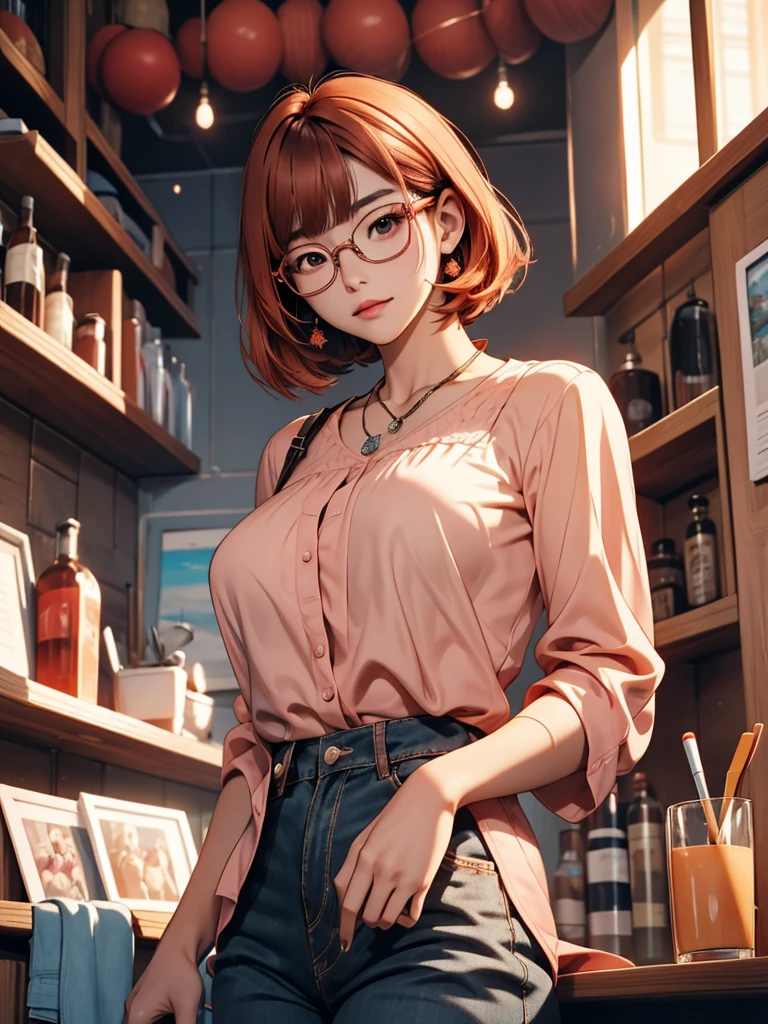 In manhwa art style young adult Korean woman 24s. Her haircut is hime cut with bangs and ginger color. Her face is oval , which carry a hopefully and cool face. Her skin is radiant and clear, and her lips is red pink. Brown color eyes are captivating and beautiful. She is wearing a black pants and blue long-sleeved and glasses blouse while inside his photographic studio