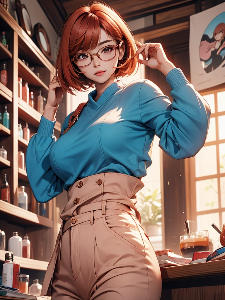 In manhwa art style young adult Korean woman 24s. Her haircut is hime cut with bangs and ginger color. Her face is oval , which carry a hopefully and cool face. Her skin is radiant and clear, and her lips is red pink. Brown color eyes are captivating and beautiful. She is wearing a black pants and blue long-sleeved and glasses blouse while inside his photographic studio