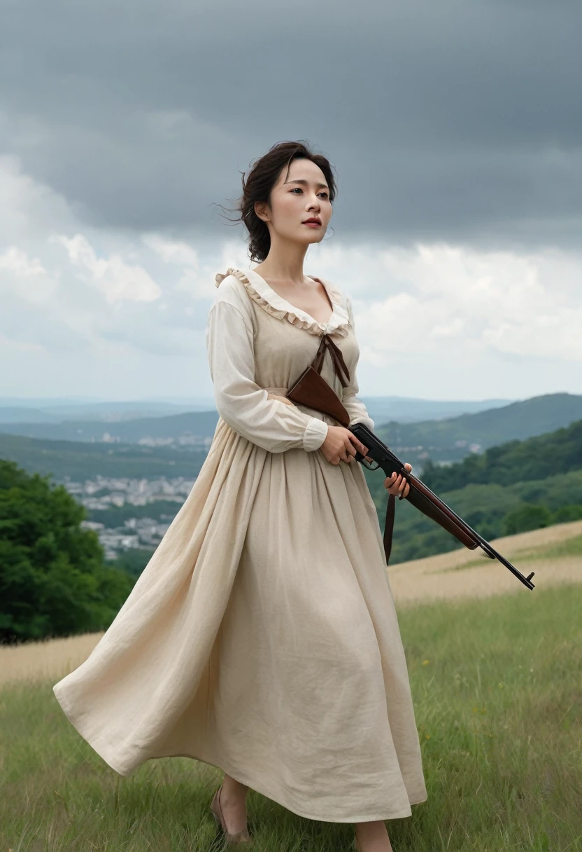 Highest quality、high detail、Ultra-realistic、「french revolution」A famous scene from、A beautiful woman runs up a hill with a French flag and a shotgun、White skin、My body is dirty in places with dust.、She is wearing a light beige dress with an open collar and frills.、Breast fully exposed、Super huge droopy udder、Erect nipples、Cloudy sky with dark clouds that look like it might rain,「Goddess of the French Revolution」,Japanese Mature,55 years old