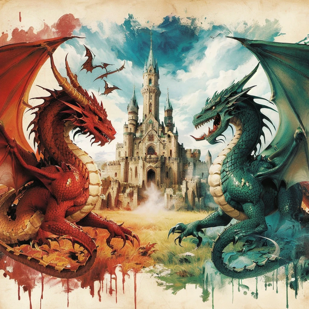 two dragon fighting over a castle with a castle in the background, dungeon and dragons art, dragons, dungeon's & dragons, battle with dragon, dungeon and dragons, dungeons and dragons art, dragon art, world of fire and blood, dungeons and dragons artwork, dungeon and dragon illustration, d & d fantasy digital art, dungeons and dragon, symmetrical epic fantasy art