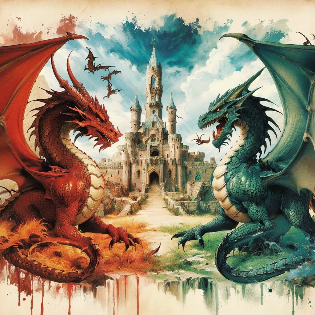 two dragon fighting over a castle with a castle in the background, dungeon and dragons art, dragons, dungeon's & dragons, battle with dragon, dungeon and dragons, dungeons and dragons art, dragon art, world of fire and blood, dungeons and dragons artwork, dungeon and dragon illustration, d & d fantasy digital art, dungeons and dragon, symmetrical epic fantasy art