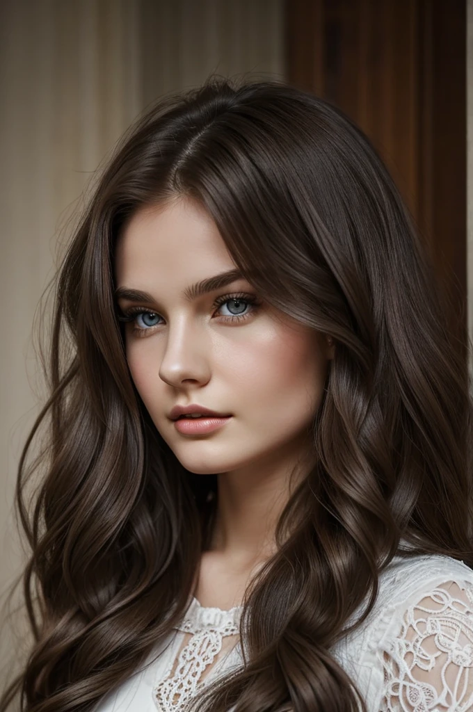 English young woman/Russian, powerful 24 years old, striking but fine features, quite dark gray eyes , thick lips, long wavy brown hair.