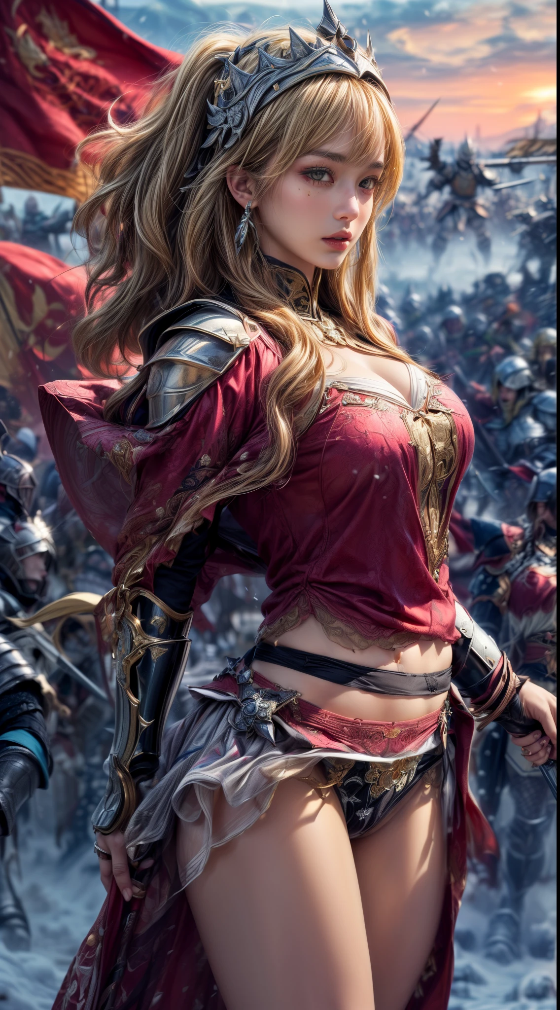 Very beautiful woman、Slender women、(Detailed face)、Realistic Skin、((Holy Knight)), ((Pearl White Armor))、((((A black armor with extremely detailed and intricate decoration.:1.1))))、((Delicate photo))，(Girl Astepeace RAW Photo Details:1.25), (Highest quality:1.6), (Ultra-high resolution:1.5), (Realistic:1.75), 8K resolution, Canon EOS R5, 50mm, Absurd, Super detailed,Cinema Lighting,((Fightfield))、((Fight))、(((White skirt with embellishments)))、Thigh-high socks、Shingard、((blonde))、((Curly Hair))、((Drill Hair))、((Short hair with bangs and wavy hair,))、Get a six pack、Cape、Beautiful Armor、(((Has a huge weapon)))、(In combat)、The wind is blowing、((Symmetrical armor))、((((Blizzard))))、(((Lead a large group of knights:1.2)))、banner、(((Battle Scenes)))、((Browsing Caution:1.2))、(((I can see her panties:1.4)))、、((Skirt lift in the wind))