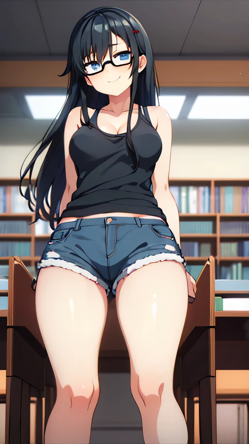 (8K, Highest quality, Highest quality, masterpiece), sit on the floor, spread legs (((denim hot micro shorts))), ((partially visible vulva)), ((the shorts wedgie)), cameltoe, white shirt, big breasts, (fullbody), ((seductive grin)), 1girl, ((long hair, black hair)), anime girl