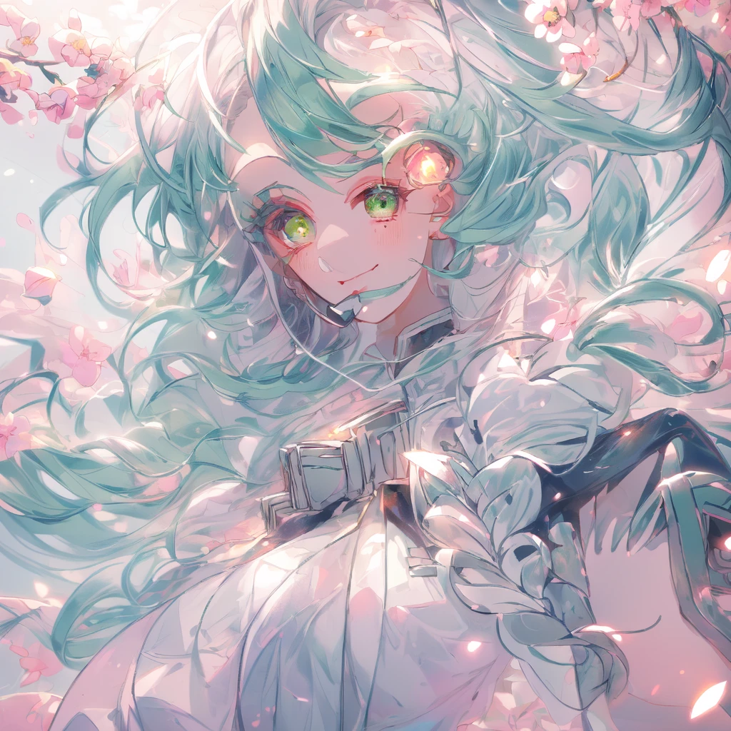 cheddarcheems, mitsuri(demon slayer), large breasts, upper body, haori, bangs, 1girl,green hair, demon slayer uniform, gradient hair, solo, jacket, multicolored hair, cherry blossoms, floating petals, light particles, smile, green eyes, twin braids, ope mouth,>_masterpiece, bestquality, ultra-detailed, detailed scenery, cinematic effect,mitsuri(demon slayer)