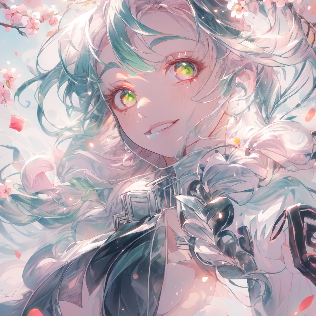 cheddarcheems, mitsuri(demon slayer), large breasts, upper body, haori, bangs, 1girl,green hair, demon slayer uniform, gradient hair, solo, jacket, multicolored hair, cherry blossoms, floating petals, light particles, smile, green eyes, twin braids, ope mouth,>_masterpiece, bestquality, ultra-detailed, detailed scenery, cinematic effect,mitsuri(demon slayer)