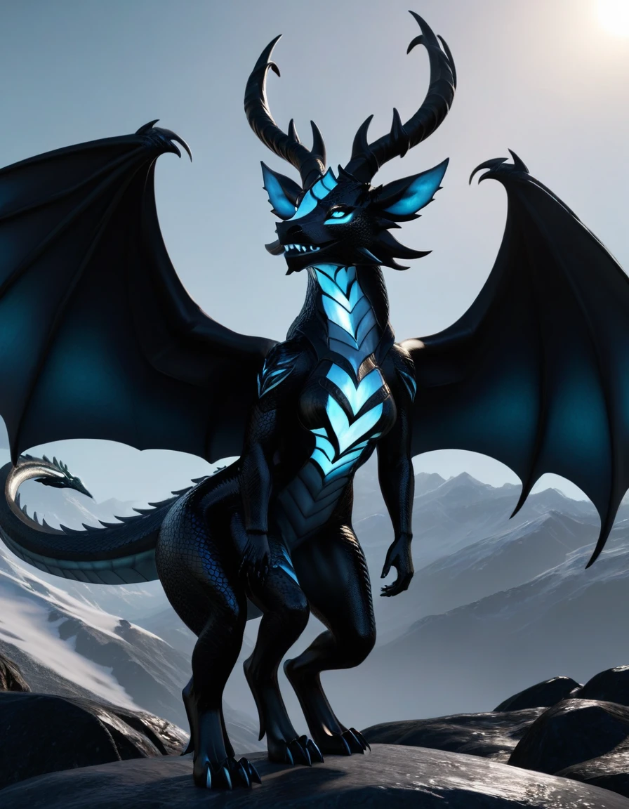 full body portrait of a realistic feminine obsidian dragon, large wings, black ral-opal inner wings, white glowing eyes, wolf shaped head, huge, long body, four legs, many horns, horns, antlers, twisting horns, curled horns, breathing fire, mysterious mountain scenery, full body, cinematic, render, 8k, unreal engine, realistic, masterpiece, high detail, full body, low life, extremely intricate, extreme detail, volumetric lighting