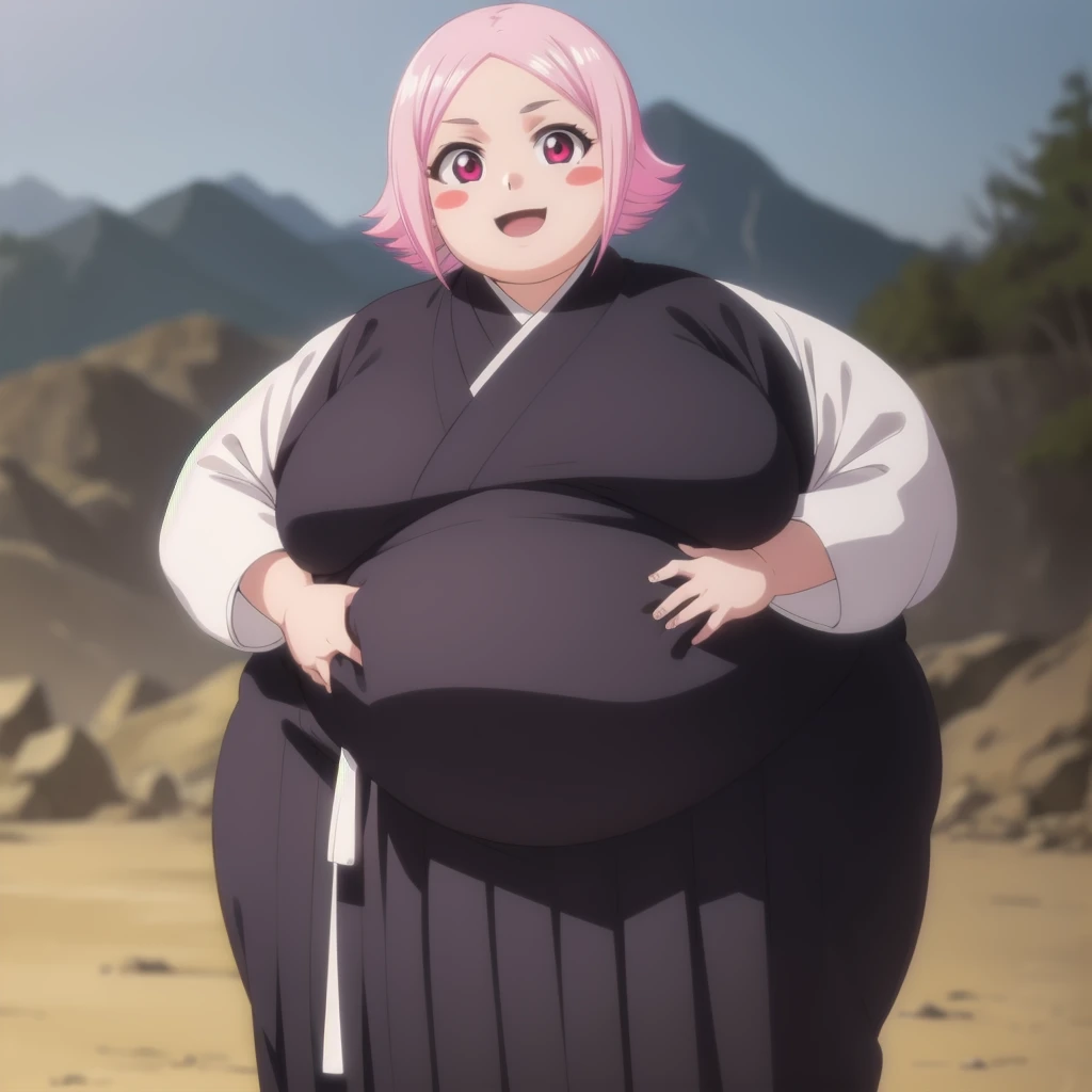 yachirukusajishi, yachiru kusajishi, short hair, pink hair, (pink eyes:1.5), blush stickers, open mouth, forehead,
BREAK long sleeves, japanese clothes, hakama, black hakama,
BREAK outdoors,
BREAK looking at viewer, (cowboy shot:1.5),
BREAK (masterpiece:1.2), best quality, high resolution, unity 8k wallpaper, (illustration:0.8), (beautiful detailed eyes:1.6), extremely detailed face, perfect lighting, extremely detailed CG, (perfect hands, perfect anatomy), standing, smile, blush, solo, 1girl, SSBBW yachiru kusajishi, big cheeks, ssbbw, severely obese ,600lbs obese female, no pupils, ultra detailed, masterpiece, best quality, aesthetic, detailed, Fluffy and Fat Face, Big Butt, Big Cheeks, Obese Body, Sexy, Obese Girl, Happy, Cute Expression, Very Hot, bbwchan, nsfw, manhwa, oppai proportions, she has a jiggly fat round belly, body swelling about to explode, thicc, with a large breasts, doujin