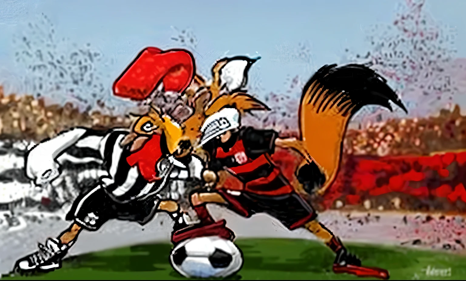 Thirteen in black and white versus the Campinense in red and black in a hockey match on ice 