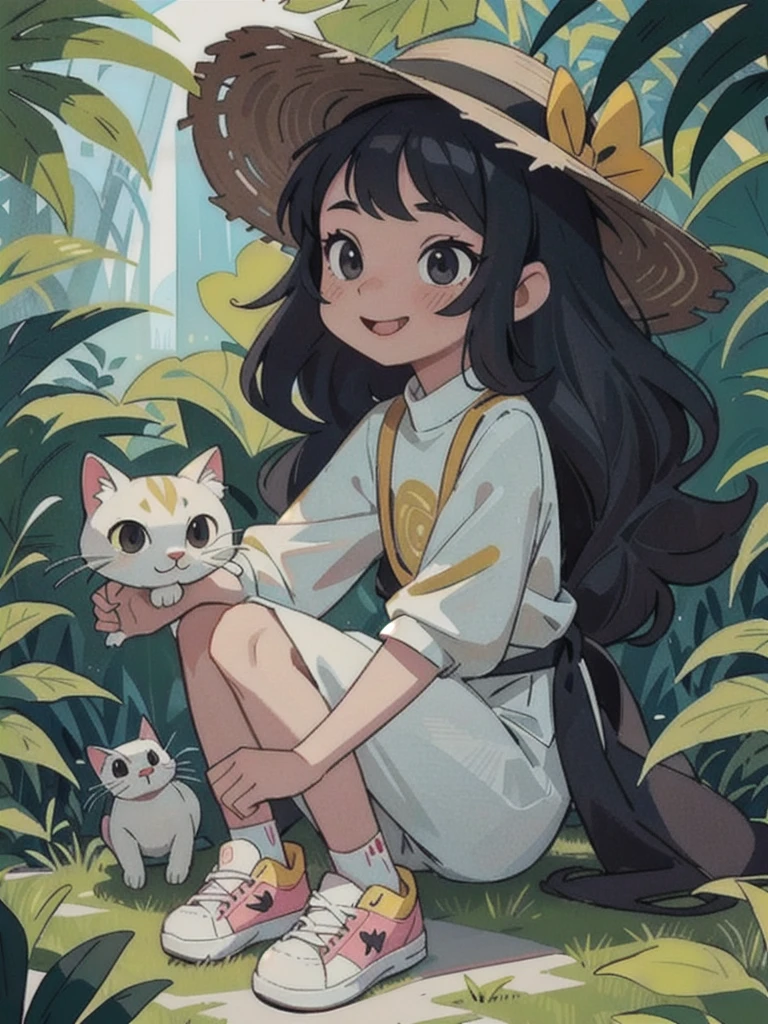 A stunning beauty cute little Javanese girl, her name is Sora, . Beautiful silky black long hair, wearing a straw hat, beautiful black eyes, beautiful pink lips and smiling happily. She's wearing a yellow shirt, and a black jumpsuit with a white cat logo embroided. Also she's wearing white sneakers. Her hand is holding a kitten from the children park. A white cat at her behind. Very detailed anatomy, very detailed face, very detailed background, very detailed clothes, very detailed cat. Photorealistic HD image, very wide angle, top to toes, full body, A Masterpiece.