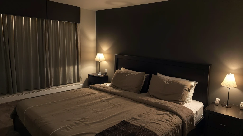 bedroom in black and brown colors lit with LED lights