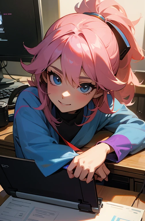 Woman sitting at a desk with a laptop and a microphone, Sit in front of the microphone, Twitch Streamer, Twitch Streamer/Gamer Ludwig, Be interviewed, An accurate portrait, Taking the lead with a smile, H3H3, With a happy expression, Precise Representation, In front of the computer, Trend Art, Shutterstock, Studio shot, Very expressive, Realistic Anime, Drawn,