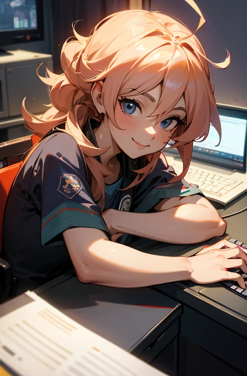 Woman sitting at a desk with a laptop and a microphone, Sit in front of the microphone, Twitch Streamer, Twitch Streamer/Gamer Ludwig, Be interviewed, An accurate portrait, Taking the lead with a smile, H3H3, With a happy expression, Precise Representation, In front of the computer, Trend Art, Shutterstock, Studio shot, Very expressive, Realistic Anime, Drawn,