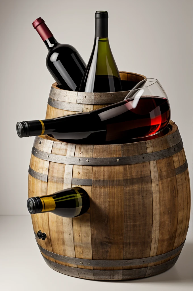 Wine barrel with a bottle and a glass on top with a white background