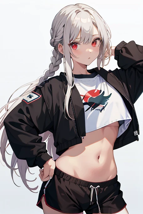 1 girl, by white, Red eyes, belly button, looking at the viewer, hand on hip, black jacket, dolphin shorts, ingle, (white shirt:1.2), braid, very long hair, Wide hips,
under the chest, shirt,
Big\(Body proportions\),