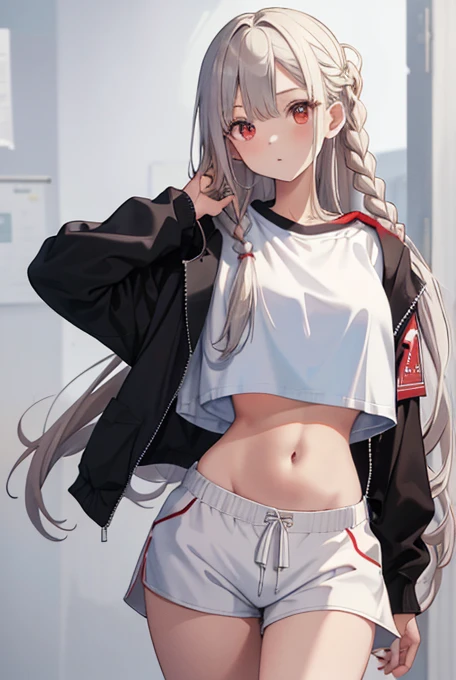 1 girl, by white, Red eyes, belly button, looking at the viewer, hand on hip, black jacket, dolphin shorts, ingle, (white shirt:1.2), braid, very long hair, Wide hips, 
under the chest, shirt, 
Big\(Body proportions\),