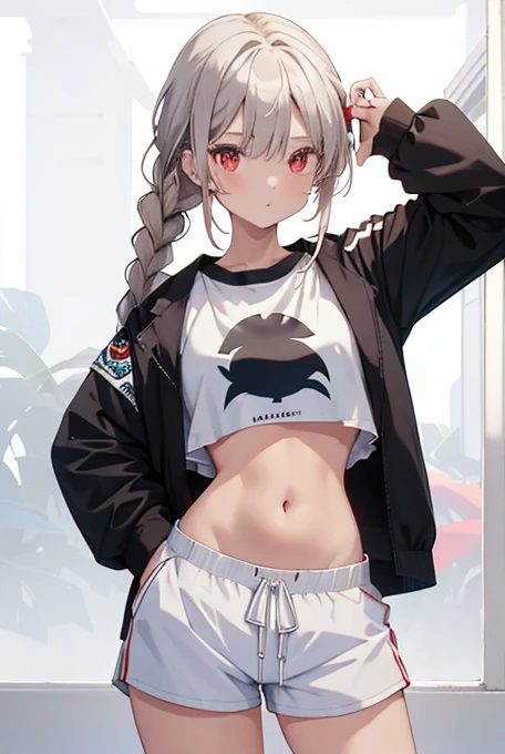 1 girl, by white, Red eyes, belly button, looking at the viewer, hand on hip, black jacket, dolphin shorts, ingle, (white shirt:1.2), braid, very long hair, Wide hips,
under the chest, shirt,
Big\(Body proportions\),