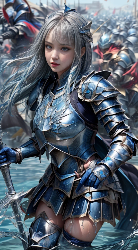 Very beautiful woman、Slender women、(Detailed face)、Realistic Skin、((Water Knight:1.1)), ((Dark blue armor))、((((Dark blue armor with very fine platinum detailing:1.5))))、((Delicate photo))，(Girl Astepeace RAW Photo Details:1.25), (Highest quality:1.6), (Ultra-high resolution:1.5), (Realistic:1.75), 8K resolution, Canon EOS R5, 50mm, Absurd, Super detailed,Cinema Lighting,((Fightfield))、((Fight))、(((White skirt with embellishments)))、Thigh-high socks、Shingard、((Light blue hair))、((Bowl cut hairstyle with bangs))、(Six Pack:1.1)、Cape、Beautiful Armor、(((Has a huge weapon)))、(In combat)、The wind is blowing、((Symmetrical armor))、((((splash:1.1))))、(((Leads a large group of blue knights:1.2)))、banner、(Armor with a dragon motif)、(((Battle Scenes)))、(blue Dragon)、((Browsing Caution:1.1))、(((Use the magic of water:1.2)))