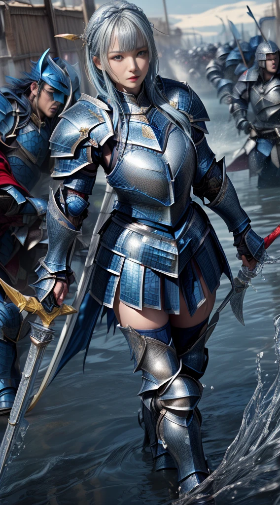 Very beautiful woman、Slender women、(Detailed face)、Realistic Skin、((Water Knight:1.1)), ((Dark blue armor))、((((Dark blue armor with very fine platinum detailing:1.5))))、((Delicate photo)),(Girl Astepeace RAW Photo Details:1.25), (Highest quality:1.6), (Ultra-high resolution:1.5), (Realistic:1.75), 8K resolution, Canon EOS R5, 50mm, Absurd, Super detailed,Cinema Lighting,((Fightfield))、((Fight))、(((White skirt with embellishments)))、Thigh-high socks、Shingard、((Light blue hair))、((Bowl cut hairstyle with bangs))、(Six Pack:1.1)、Cape、Beautiful Armor、(((Has a huge weapon)))、(In combat)、The wind is blowing、((Symmetrical armor))、((((splash:1.1))))、(((Leads a large group of blue knights:1.2)))、banner、(Armor with a dragon motif)、(((Battle Scenes)))、(blue Dragon)、((Browsing Caution:1.1))、(((Use the magic of water:1.2)))