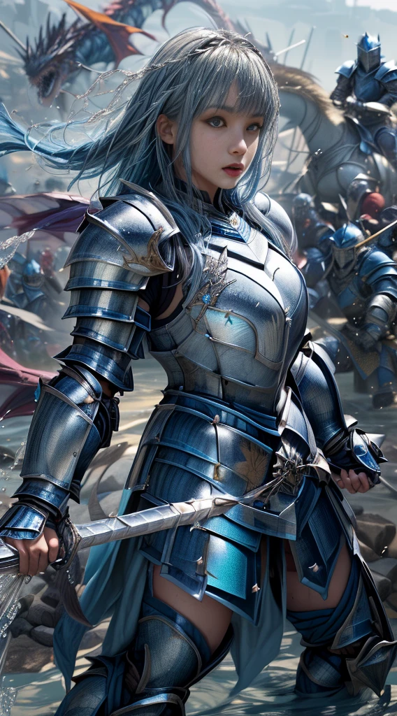 Very beautiful woman、Slender women、(Detailed face)、Realistic Skin、((Water Knight:1.1)), ((Dark blue armor))、((((Dark blue armor with very fine platinum detailing:1.5))))、((Delicate photo))，(Girl Astepeace RAW Photo Details:1.25), (Highest quality:1.6), (Ultra-high resolution:1.5), (Realistic:1.75), 8K resolution, Canon EOS R5, 50mm, Absurd, Super detailed,Cinema Lighting,((Fightfield))、((Fight))、(((White skirt with embellishments)))、Thigh-high socks、Shingard、((Light blue hair))、((Bowl cut hairstyle with bangs))、(Six Pack:1.1)、Cape、Beautiful Armor、(((Has a huge weapon)))、(In combat)、The wind is blowing、((Symmetrical armor))、((((splash:1.1))))、(((Leads a large group of blue knights:1.2)))、banner、(Armor with a dragon motif)、(((Battle Scenes)))、(blue Dragon)、((Browsing Caution:1.1))、(((Use the magic of water:1.2)))
