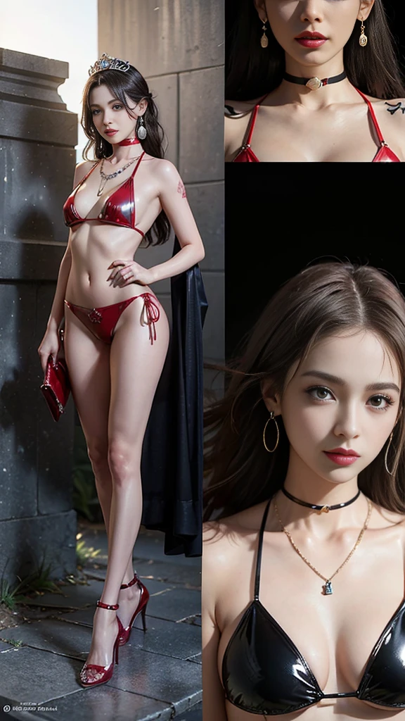 ((masterpiece:1.4)、(Highest quality:1.4)、(Realistic:1.7))、Masterpiece:1.4、Super Beautiful Queen of Mars、((1 Girl:1.4))、Shiny natural skin texture、(High Grade Red Latex Bikini:1.4)、(Shiny luxury latex:1.4)、(Luxury Red Latex:1.4)、19 years old、(Cute Tattoos:1.4)、(Perfect female body:1.4)、(Full body photography:1.4)、Sharp Focus、Girl portrait photography:1.4、Fantasy art、Soft front light、Beautiful Face、Beautiful breasts、Large Breasts:1.2、sexy ass、Beautiful and attractive eyes、(Narrow waist:1.4)、(9-body proportions beautiful girl:1.4)、(A beautiful girl with long legs and a good figure:1.4)、Beautiful feet:1.2、Raw photo、Red lips、(tiara:1.4、choker:1.4、necklace:1.4、Earrings:1.4)、1 Screen Display:1.4、A beautiful girl standing on the ruins of the ancient Martian kingdom