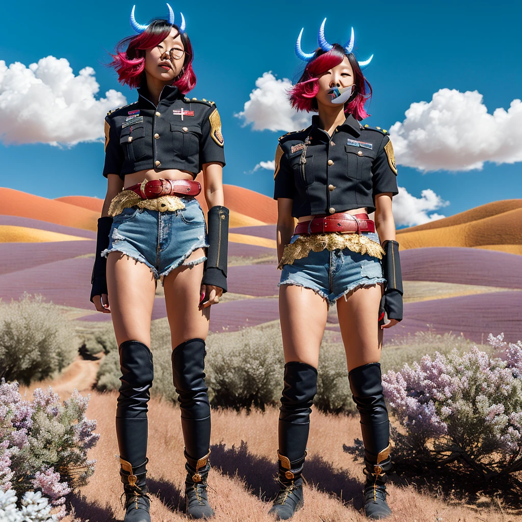 ((best quality)), ((masterpiece)), (detailed), 1girl, 8k_wallpaper, extremely detailed eyes, extremely detailed body, beautiful face, perfect face, detailed ((blonde hair)), (gold eyes), ((large big red and blue horns)), {{dark skin}}, ({dark skinned female}), gigantic breasts, thick thighs, strong arm and leg muscles, strong abdominal muscles, Monster women, Korean women, wearing a modern short black cloth jacket with rolled up sleeves, (wearing heavy gold colored steel cyberpunk armor), a wide red leather belt with blue steel yarn, steel boots, steel thigh guards, a military radio hangs on her belt, a biker girl, she rides on another planet along a lilac field against the backdrop of a blue desert and high red mountains,