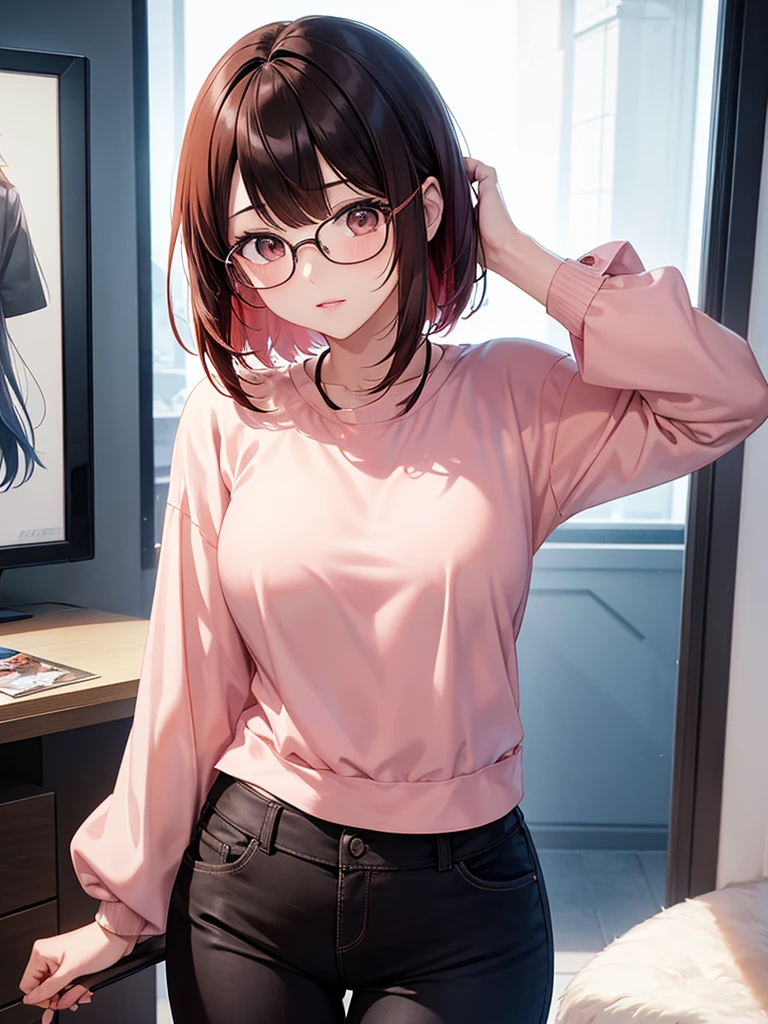 In manhwa art style young adult Korean woman 24s. Her haircut is hime cut with bangs and ginger color. Her face is oval , which carry a hopefully and cool face. Her skin is radiant and clear, and her lips is red pink. Brown color eyes are captivating and beautiful. She is wearing a black pants and blue long-sleeved and glasses blouse while inside his photographic studio 
