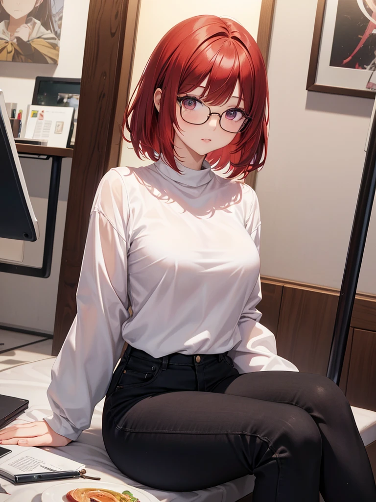 In manhwa art style young adult Korean woman 24s. Her haircut is hime cut with bangs and ginger color. Her face is oval , which carry a hopefully and cool face. Her skin is radiant and clear, and her lips is red pink. Brown color eyes are captivating and beautiful. She is wearing a black pants and blue long-sleeved and glasses blouse while inside his photographic studio