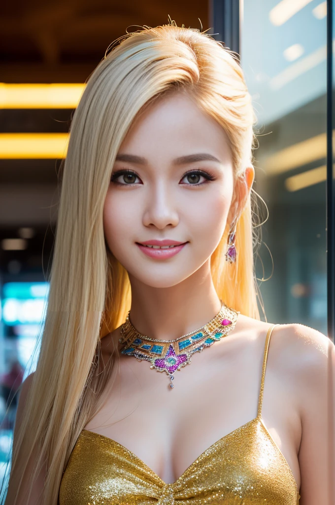 (masterpiece:1.4), (best quality:1.4), ultra high res, ultra high resolution, ((detailed facial features)), HDR, (realistic, photorealistic, photo-realistic:1.37), closeup, sexy seductive Thai woman, (seductive smile), long lashes, beautiful makeup, platinum blonde hair, fair skin, slender figure, elegant posture, wearing large sparkling colorful jewelery, wearing a business style leather dress, standing in a large shopping mall, gentle sunlight shining through the shopping mall windows, casting a soft glow on her face, adding warmth to the scene, vibrant colors, capturing the essence of vibrant city life, portrait style, showcasing her natural beauty and grace in a feminine way