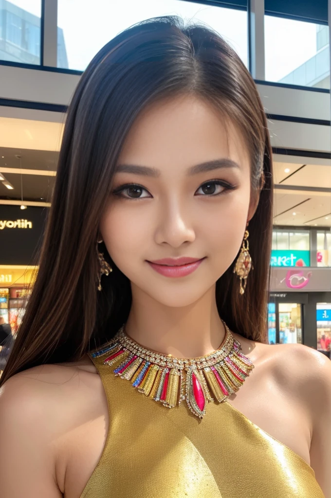 (masterpiece:1.4), (best quality:1.4), ultra high res, ultra high resolution, ((detailed facial features)), HDR, (realistic, photorealistic, photo-realistic:1.37), closeup, sexy seductive Thai woman, (seductive smile), long lashes, beautiful makeup, platinum blonde hair, fair skin, slender figure, elegant posture, wearing large sparkling colorful jewelery, wearing a business style leather dress, standing in a large shopping mall, gentle sunlight shining through the shopping mall windows, casting a soft glow on her face, adding warmth to the scene, vibrant colors, capturing the essence of vibrant city life, portrait style, showcasing her natural beauty and grace in a feminine way