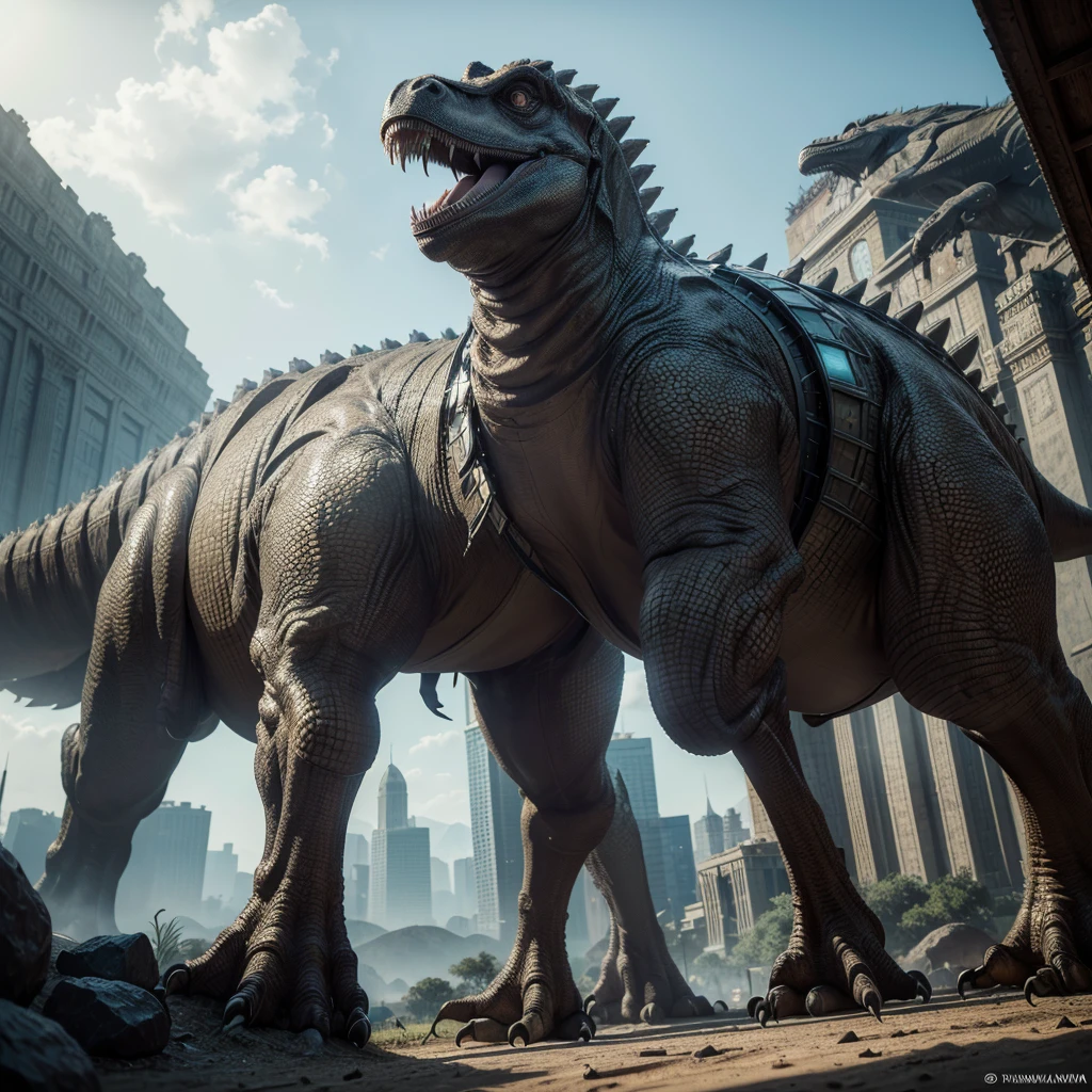 a futuristic latin american tower with dinosaurs, digital art, highly detailed, intricate, cinematic lighting, dramatic atmosphere, vibrant colors, photorealistic, 8k, (best quality,4k,8k,highres,masterpiece:1.2),ultra-detailed,(realistic,photorealistic,photo-realistic:1.37), volumetric lighting, cinematic composition, dramatic angles, advanced rendering, cinematic mood, dynamic perspective, hyper-detailed architecture, advanced technology, prehistoric creatures, colossal scale, awe-inspiring, (intricate architectural details:1.2), (futuristic design:1.2), (realistic dinosaurs:1.2)
