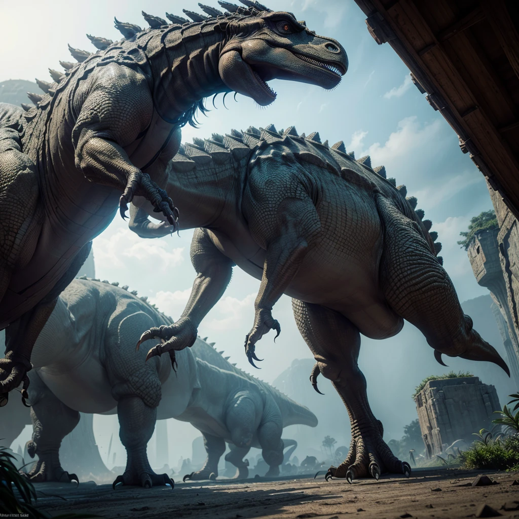 a futuristic latin american tower with dinosaurs, digital art, highly detailed, intricate, cinematic lighting, dramatic atmosphere, vibrant colors, photorealistic, 8k, (best quality,4k,8k,highres,masterpiece:1.2),ultra-detailed,(realistic,photorealistic,photo-realistic:1.37), volumetric lighting, cinematic composition, dramatic angles, advanced rendering, cinematic mood, dynamic perspective, hyper-detailed architecture, advanced technology, prehistoric creatures, colossal scale, awe-inspiring, (intricate architectural details:1.2), (futuristic design:1.2), (realistic dinosaurs:1.2)