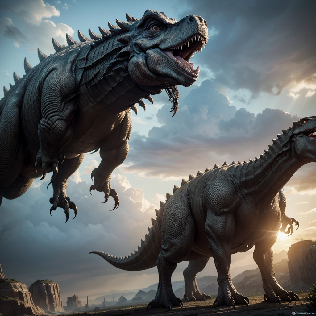 a futuristic latin american tower with dinosaurs, digital art, highly detailed, intricate, cinematic lighting, dramatic atmosphere, vibrant colors, photorealistic, 8k, (best quality,4k,8k,highres,masterpiece:1.2),ultra-detailed,(realistic,photorealistic,photo-realistic:1.37), volumetric lighting, cinematic composition, dramatic angles, advanced rendering, cinematic mood, dynamic perspective, hyper-detailed architecture, advanced technology, prehistoric creatures, colossal scale, awe-inspiring, (intricate architectural details:1.2), (futuristic design:1.2), (realistic dinosaurs:1.2)