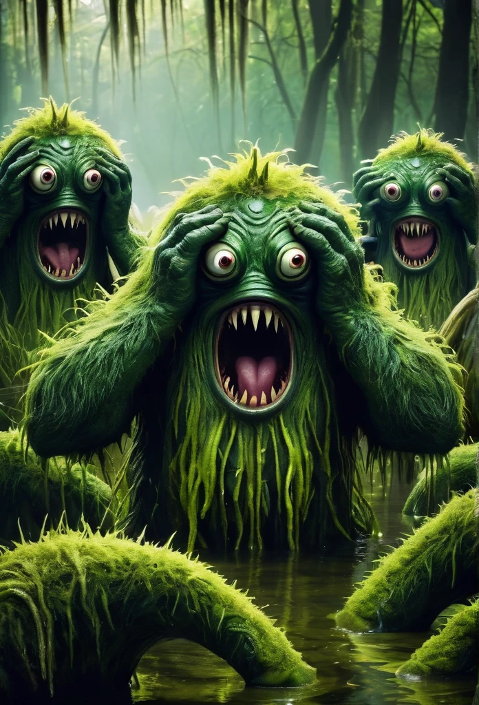 Swamp monsters with hands over eyes
