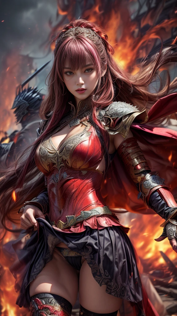 Very beautiful woman、Slender women、(Detailed face)、Realistic Skin、((Knight of Fire)), (((Red Armor:1.25)))、((((A black armor with extremely detailed and intricate decoration.))))、((Delicate photo))，(Girl Astepeace RAW Photo Details:1.25), (Highest quality:1.6), (Ultra-high resolution:1.5), (Realistic:1.75), 8K resolution, Canon EOS R5, 50mm, Absurd, Super detailed,Cinema Lighting,Battlefields of Medieval Europe、((Fight))、RPG World、Final Fantasy、(((Decorative skirt)))、Thigh-high socks、Shingard、night、Pink Hair、((Bangs are too long))、((Long, thick pink braids))、Get a six pack、Torn Cloak、Beautiful Armor、(((Giant Sword)))、In combat、The wind is blowing、(((Flames covering the area)))、(((Leading a large group of red knights)))、(((Knight Commander)))、Armor with a phoenix motif、((flames of fire))、(((Battle Scenes)))、((Browsing Caution:1.2))、(((I can see her panties:1.4)))、、((Skirt lift in the wind))