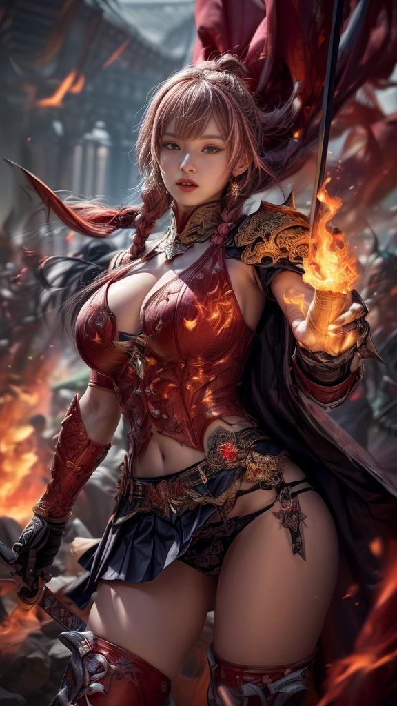 Very beautiful woman、Slender women、(Detailed face)、Realistic Skin、((Knight of Fire)), (((Red Armor:1.25)))、((((A black armor with extremely detailed and intricate decoration.))))、((Delicate photo)),(Girl Astepeace RAW Photo Details:1.25), (Highest quality:1.6), (Ultra-high resolution:1.5), (Realistic:1.75), 8K resolution, Canon EOS R5, 50mm, Absurd, Super detailed,Cinema Lighting,Battlefields of Medieval Europe、((Fight))、RPG World、Final Fantasy、(((Decorative skirt)))、Thigh-high socks、Shingard、night、Pink Hair、((Bangs are too long))、((Long, thick pink braids))、Get a six pack、Torn Cloak、Beautiful Armor、(((Giant Sword)))、In combat、The wind is blowing、(((Flames covering the area)))、(((Leading a large group of red knights)))、(((Knight Commander)))、Armor with a phoenix motif、((flames of fire))、(((Battle Scenes)))、((Browsing Caution:1.2))、(((I can see her panties:1.4)))、、((Skirt lift in the wind))