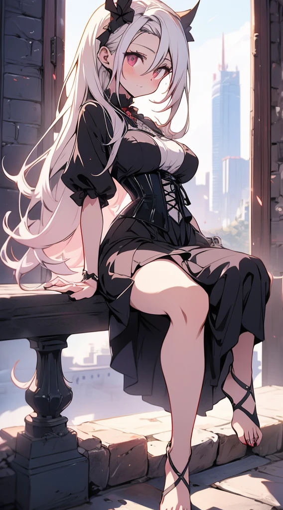 1 girl, alone, long hair, Eye, skirt, white skirt, white hair, looking at the audience, light particles, shut your mouth, indoors, , sleeveless, bare shoulders, Bangs, , head tilt,black Rose, 美丽细致的Eye, 1 girl, alone, super detailed, long shot, beautiful background,,No more underwear.(perfect hands, Have perfect legs,perfect feet,perfect anatomy),silky feet,black pantyhose,Type M,transparent,big breasts,long legs,,low cut,take off shoulders,lift your legs,correct body posture,right leg shape,correct body proportions,correct thigh,suitable shoes,
