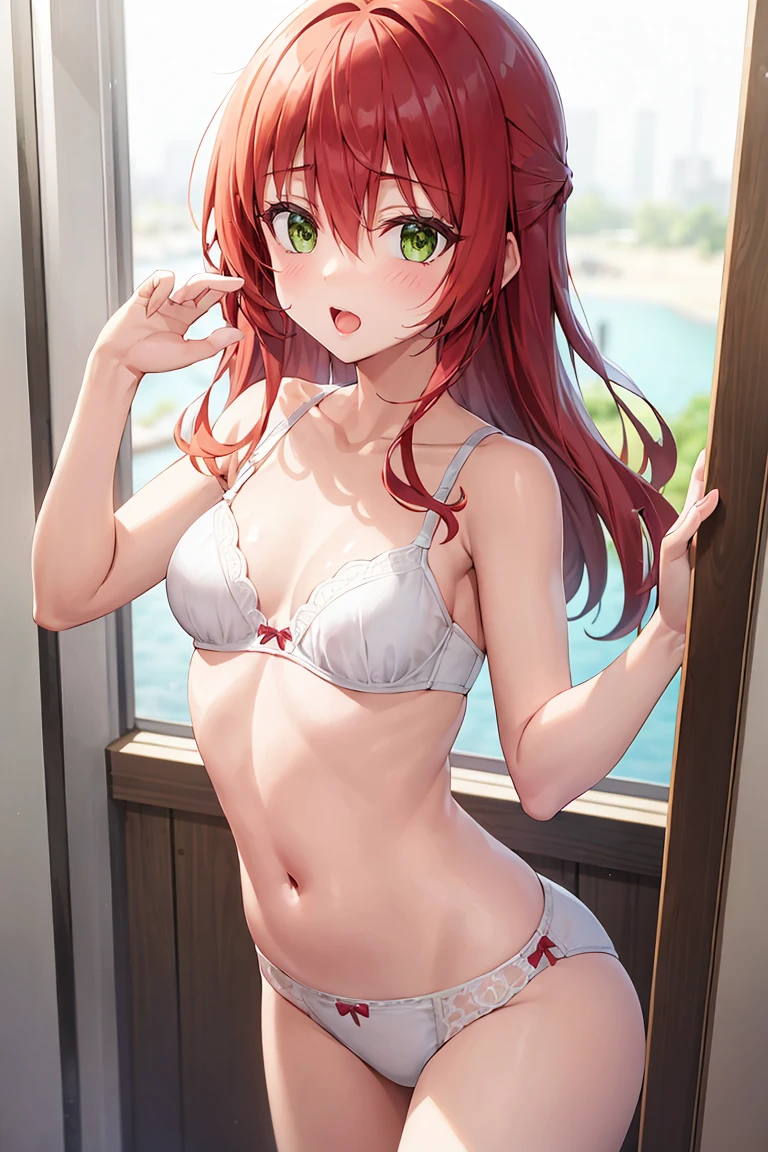 room, 1 Girl, Highest quality, Ultra-high resolution, Long Hair, Redhead, Green Eyes,Looking at the audience, Small breasts , Shy face、Watery eye, Open your mouth、Cowboy Shot、White bra、White panties:1.3、Western-style room